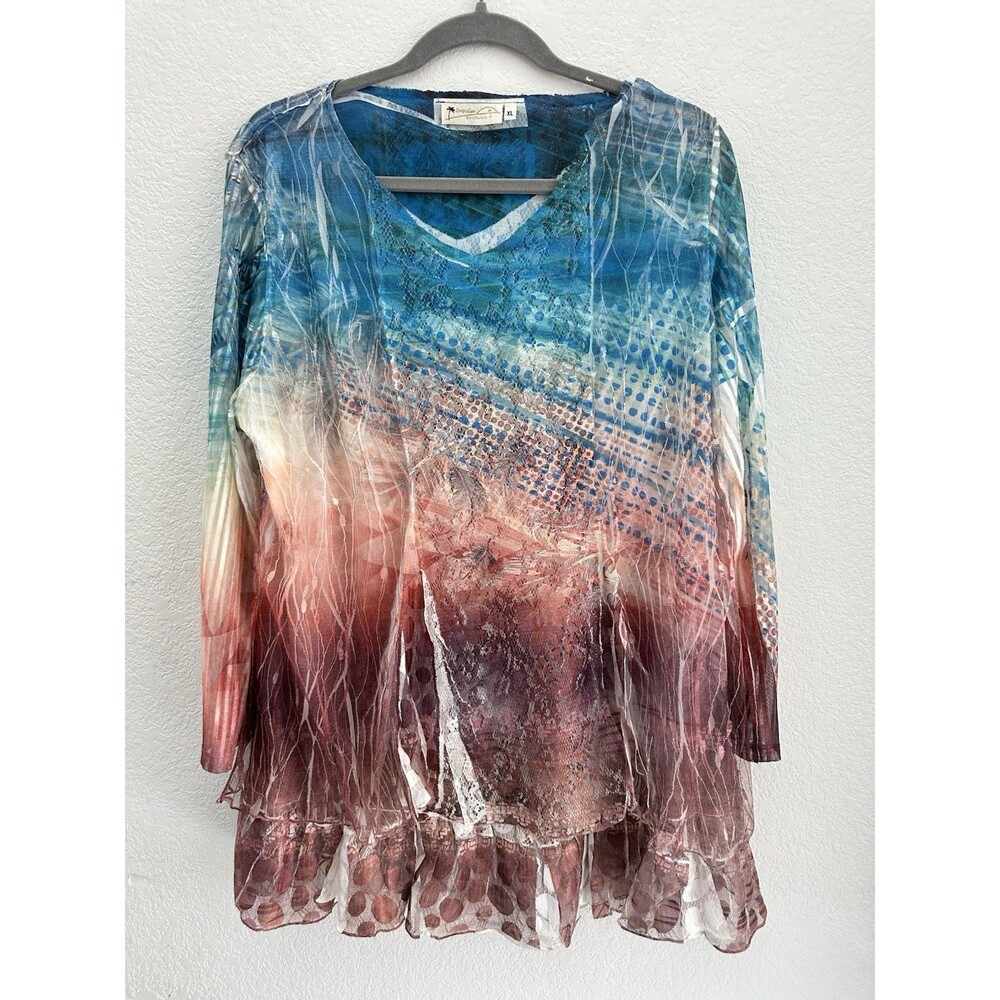 Impulse California Mesh Tunic Top XL Blue Rust Lace Layered Boho Art To Wear